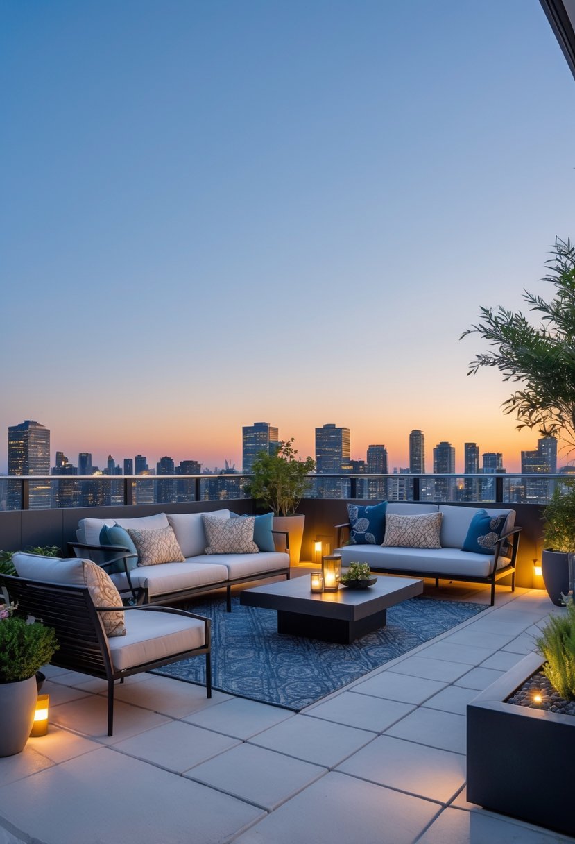 A modern condo terrace at dusk with outdoor seating, plants, and city skyline in the background.