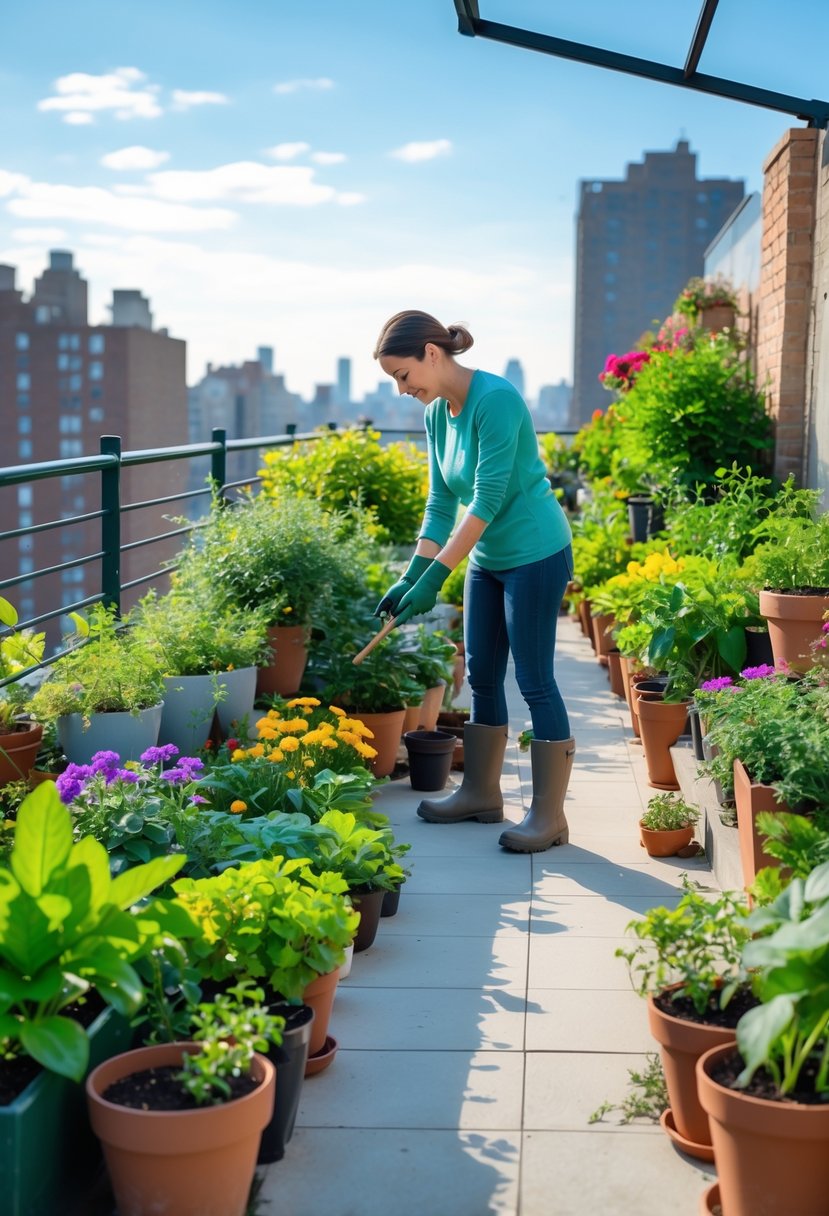 A person tending to plants and flowers on a sunny terrace garden with pots and planters arranged neatly.