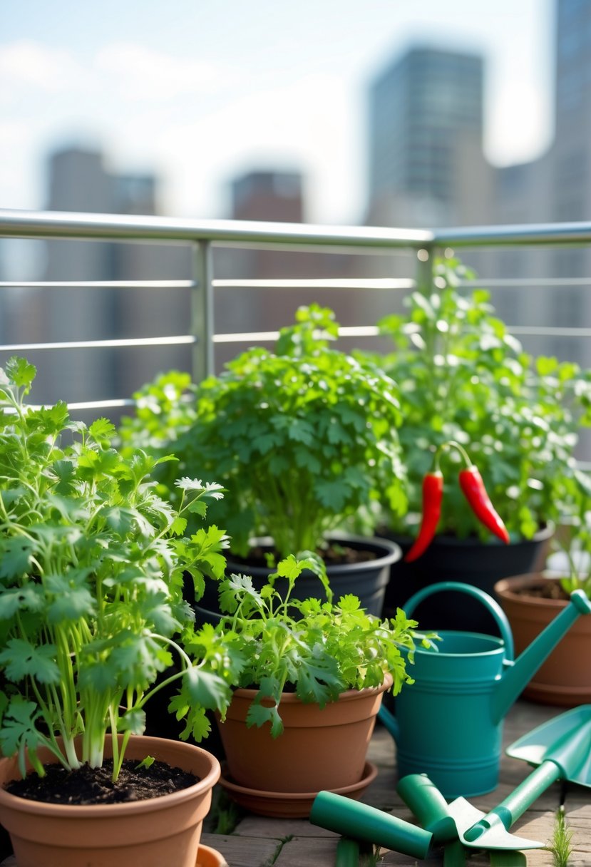 A small terrace garden with pots of chili pepper plants and coriander, gardening tools nearby, and an urban background.
