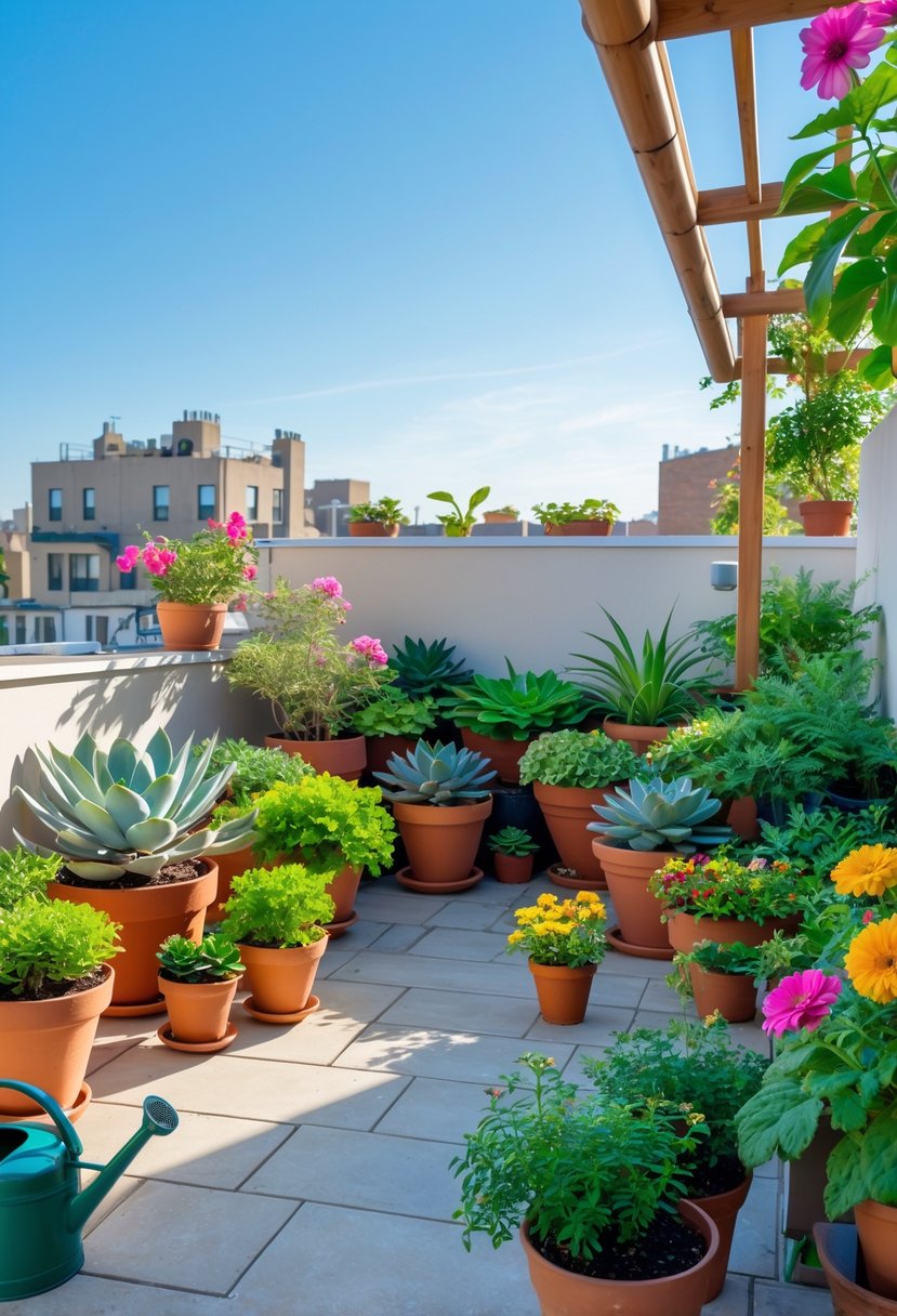 A terrace garden with various potted plants arranged to receive different amounts of sunlight, including sunlit and shaded areas, with gardening tools nearby.