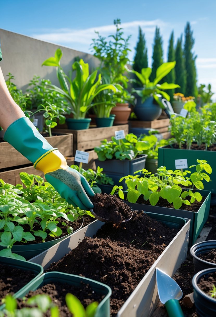 Hands spreading organic compost over soil in a lush terrace garden with healthy green plants and gardening tools nearby.