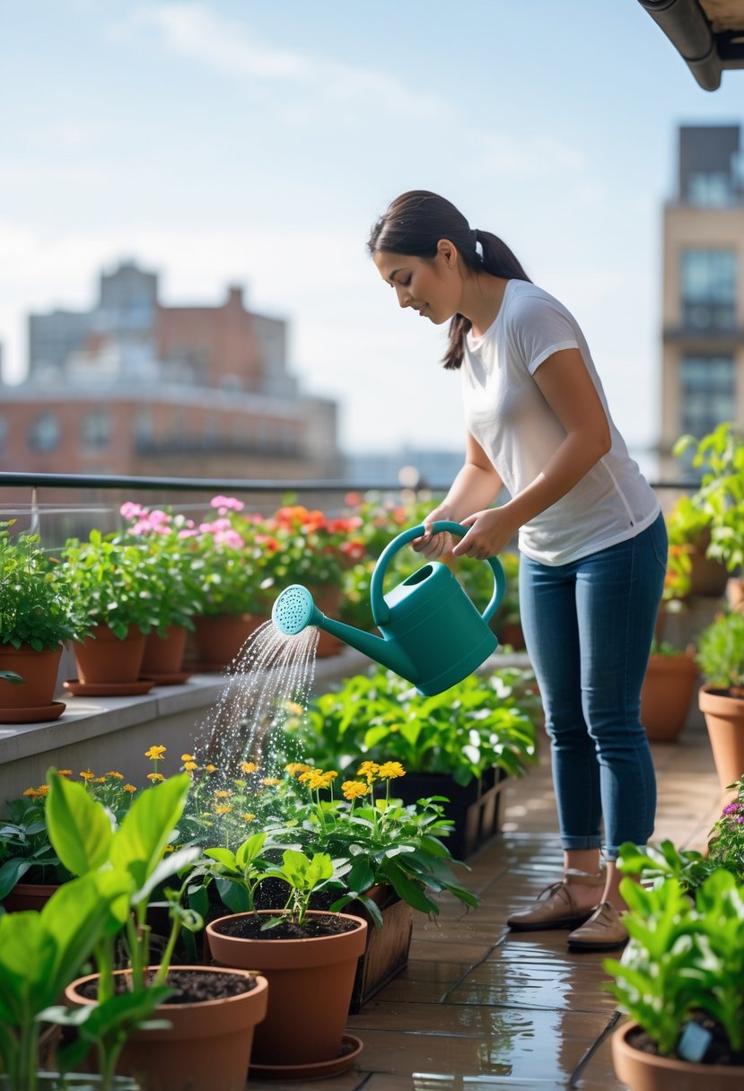 A person watering plants on a terrace garden with green plants and flowers in pots under natural daylight.