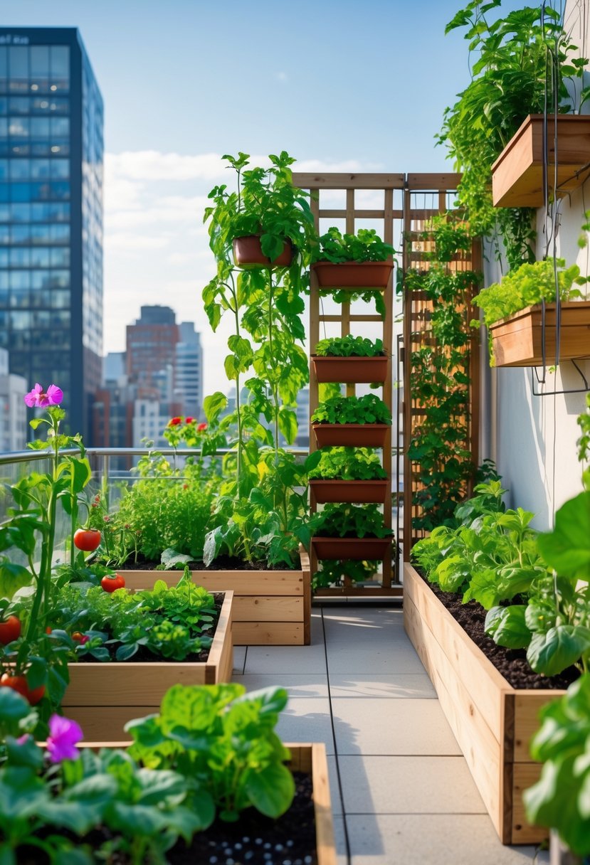 A small urban terrace garden with raised beds and vertical planters filled with green plants and flowers, with city buildings in the background.