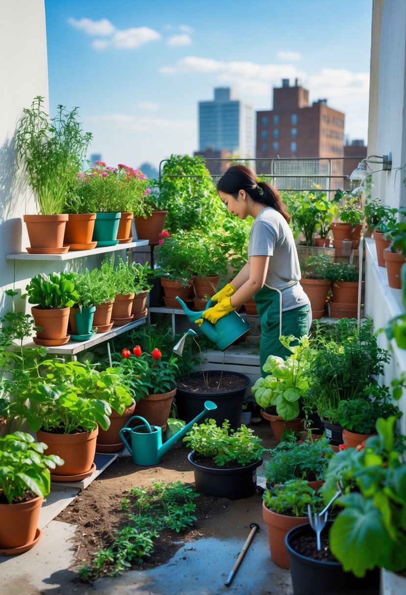 A person watering plants on a small urban terrace garden with various potted herbs and flowers, surrounded by gardening tools and city buildings in the background.