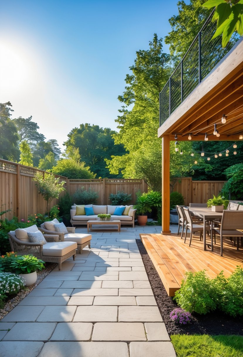 A backyard showing a stone patio with outdoor chairs and a wooden deck with a dining table side by side, surrounded by greenery.