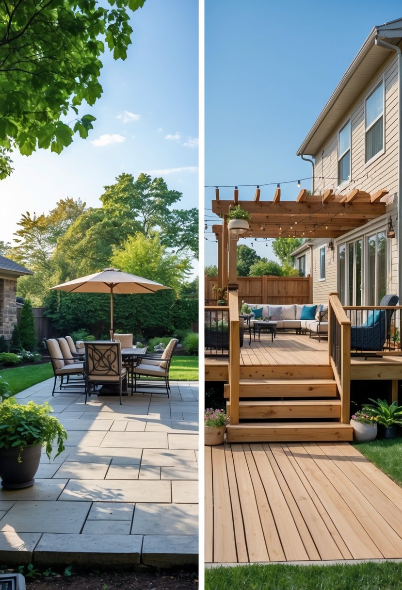 A backyard showing a stone patio with furniture on one side and a raised wooden deck with seating and railings on the other side.
