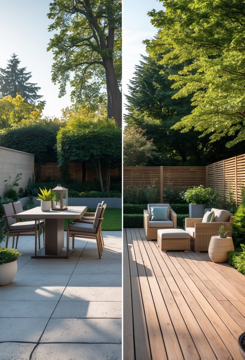 Outdoor living space divided into a stone patio with furniture on one side and a wooden deck with furniture on the other, surrounded by greenery.