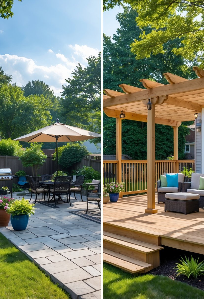 A backyard split image showing a stone patio with furniture and a wooden deck with seating, both surrounded by greenery.