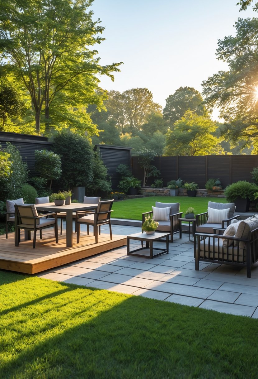A backyard with a wooden deck furnished with chairs and a table on one side and a stone patio with cushioned seating on the other side, surrounded by green grass and trees.