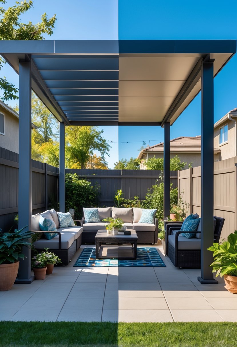 A backyard showing a covered patio with roof and seating on one side and an open patio with outdoor furniture and sunlight on the other side.