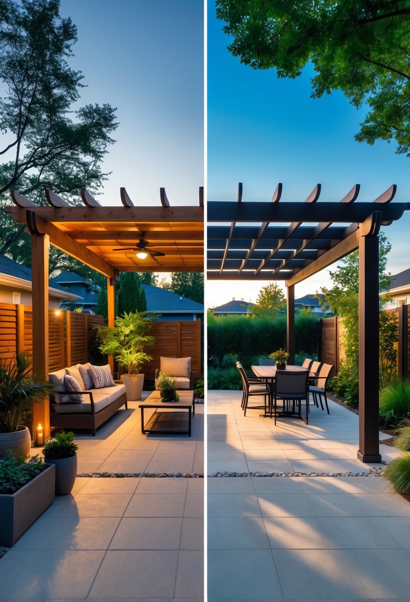 A backyard split into two sections: one with a covered patio with furniture and plants, the other an open patio with a dining table under clear sky.