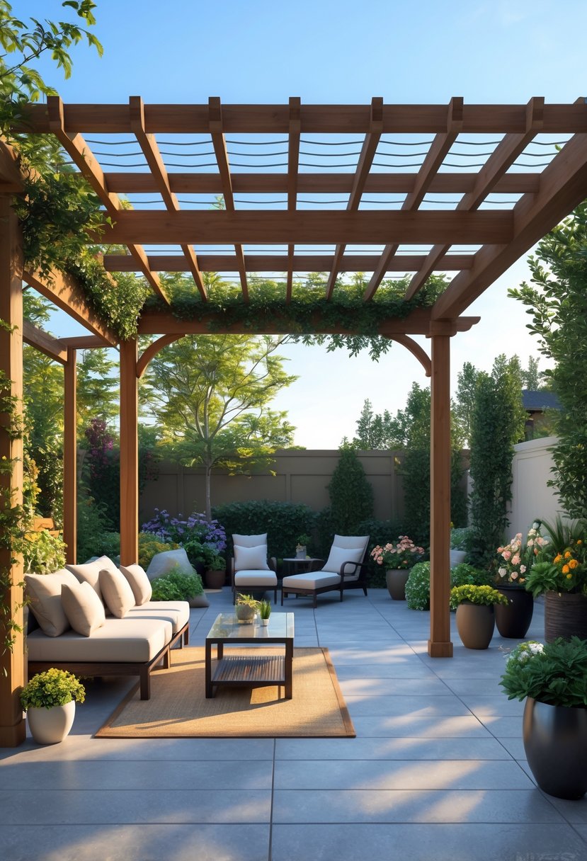 An outdoor space divided into a covered patio with seating and a pergola on the left, and an open patio with lounge chairs and a dining table on the right, surrounded by plants and trees under a clear sky.