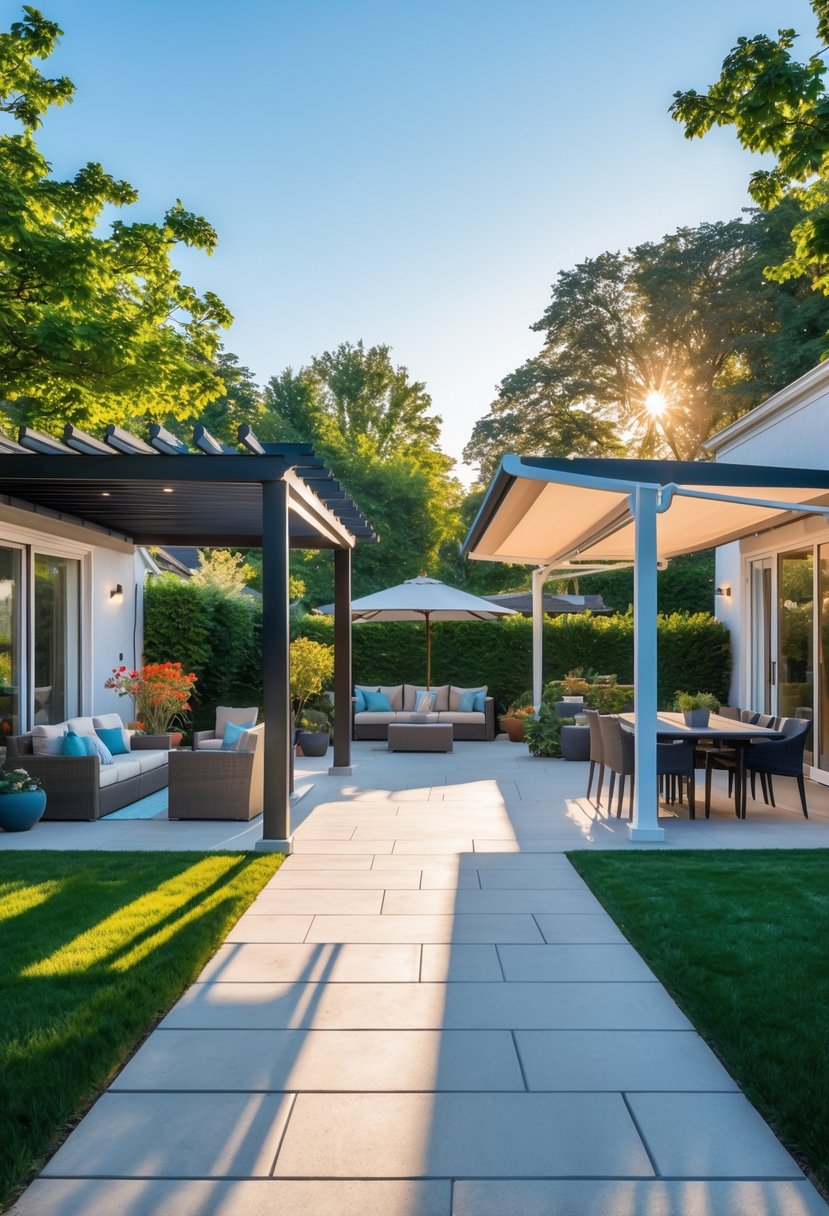 A backyard showing three patio areas: a shaded covered patio, a sunny open patio, and a hybrid patio with partial shade, surrounded by greenery.
