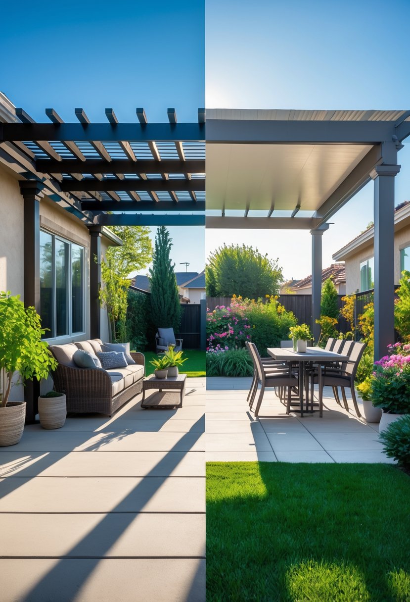 A backyard showing two patios side by side: one covered with a pergola and outdoor furniture, the other open with a dining table in sunlight surrounded by plants.