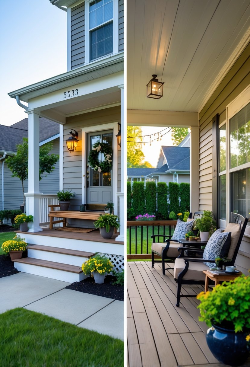 Split image showing a front porch with seating and plants on one side, and a back porch with patio furniture, string lights, and a barbecue grill on the other side.