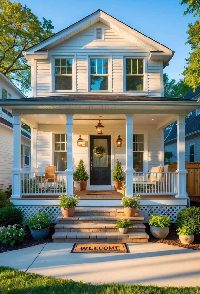 A house showing a spacious front porch with seating and plants, and a smaller, private back porch with a chair and table surrounded by greenery.