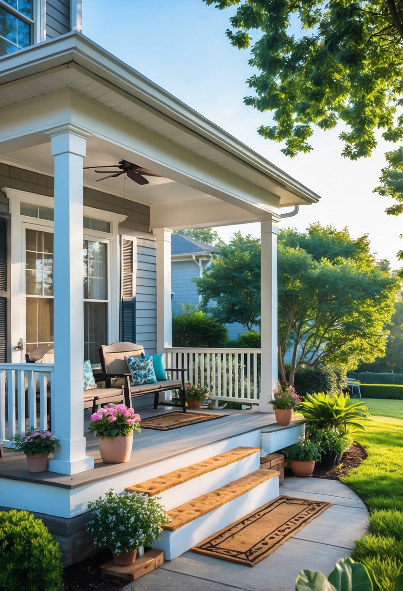A house with both a decorated front porch and a private back porch surrounded by greenery, showing two different outdoor living spaces.