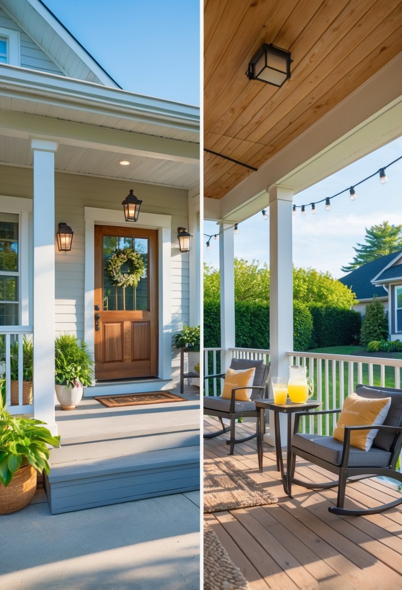 Split view showing a front porch with a wooden door and plants on one side, and a back porch with outdoor seating and garden on the other side.