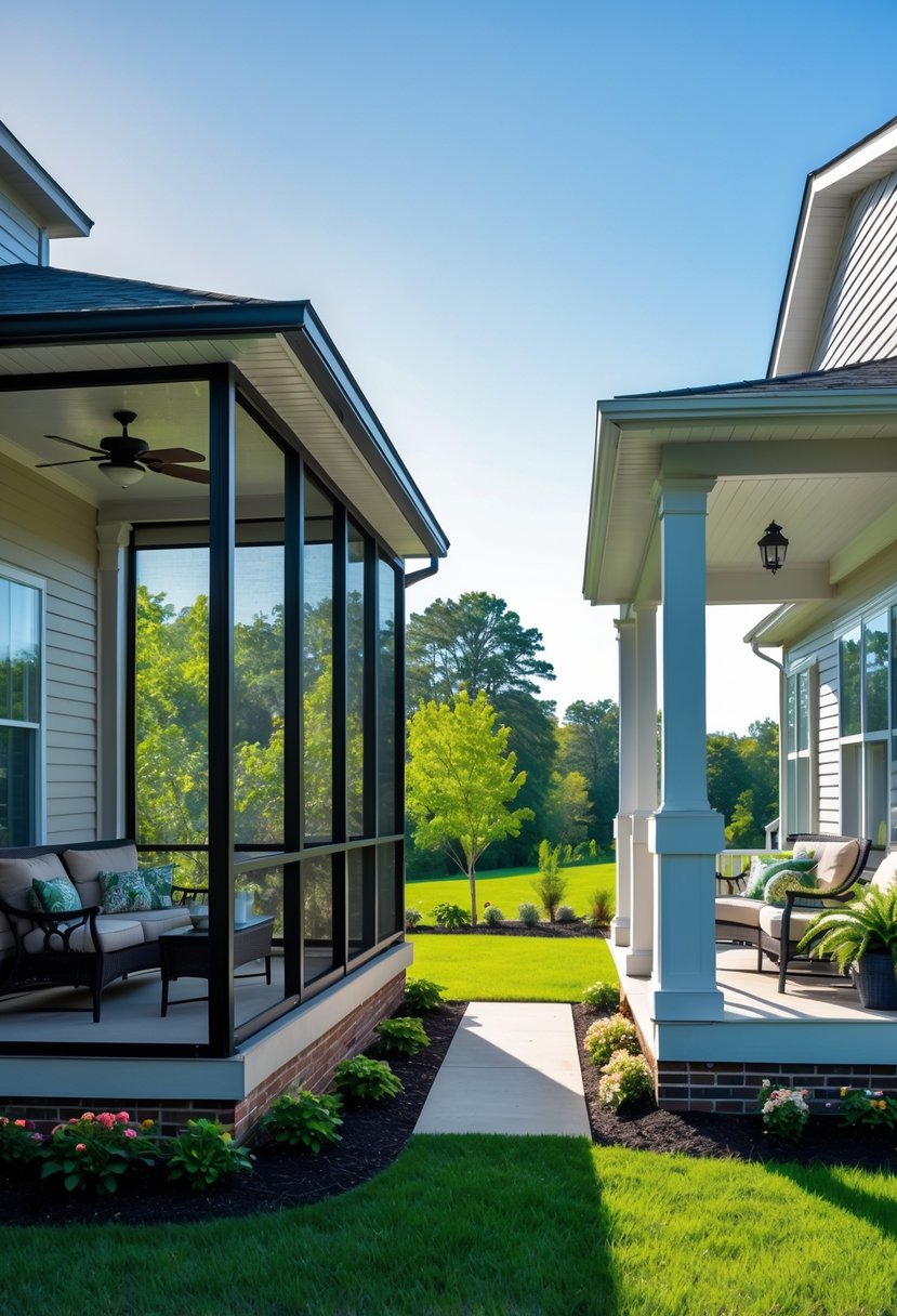 Screened Porch vs Open Porch: Best Choice for Your Outdoor Space 2 A house with two porches side by side, one enclosed with screens and furnished, the other open with similar furniture, surrounded by greenery.