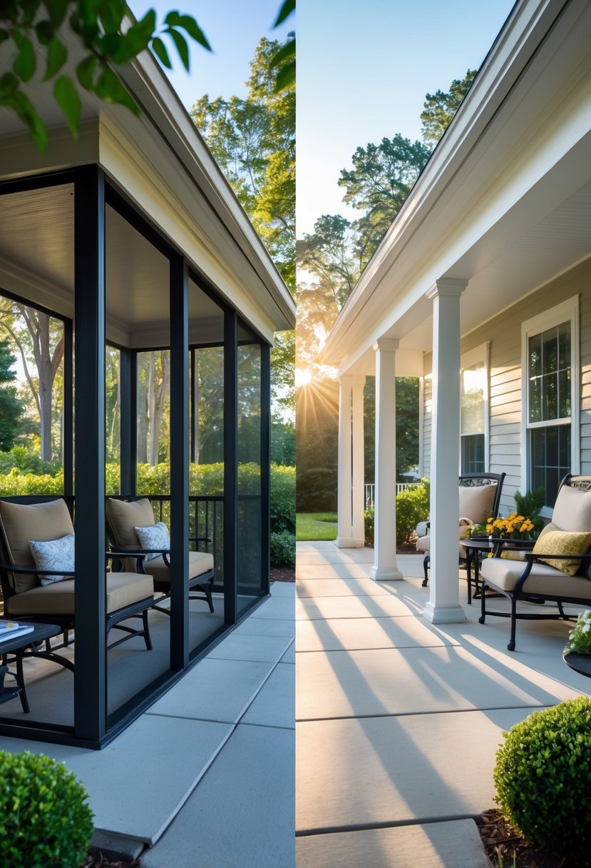 Screened Porch vs Open Porch: Best Choice for Your Outdoor Space 3 A side-by-side view of two porches on a house, one enclosed with screens and the other open, both furnished with outdoor seating and surrounded by plants.