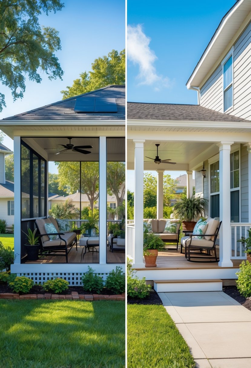 Screened Porch vs Open Porch: Best Choice for Your Outdoor Space 4 Split image showing a screened porch with furniture and plants on one side and an open porch with similar furniture and plants on the other side, both attached to a house with greenery around.