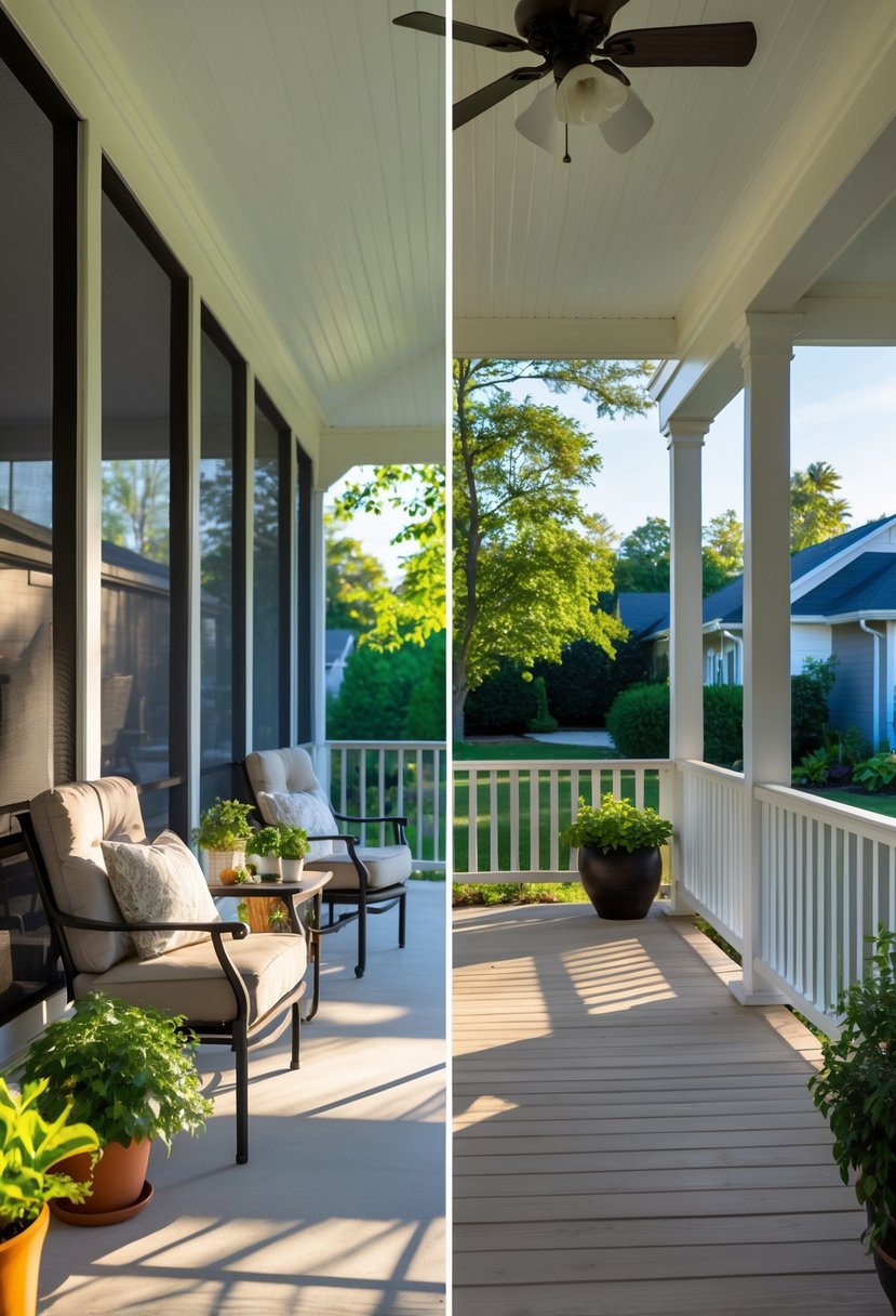 Screened Porch vs Open Porch: Best Choice for Your Outdoor Space 5 Side-by-side view of a screened porch with furniture and plants and an open porch with similar furniture and sunlight, both attached to a suburban house.