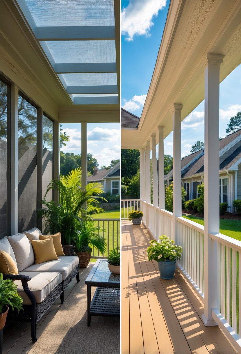 Screened Porch vs Open Porch: Best Choice for Your Outdoor Space 6 Split view of a screened porch with mesh screens and an open porch without screens, both furnished with outdoor seating and plants in a sunny backyard.