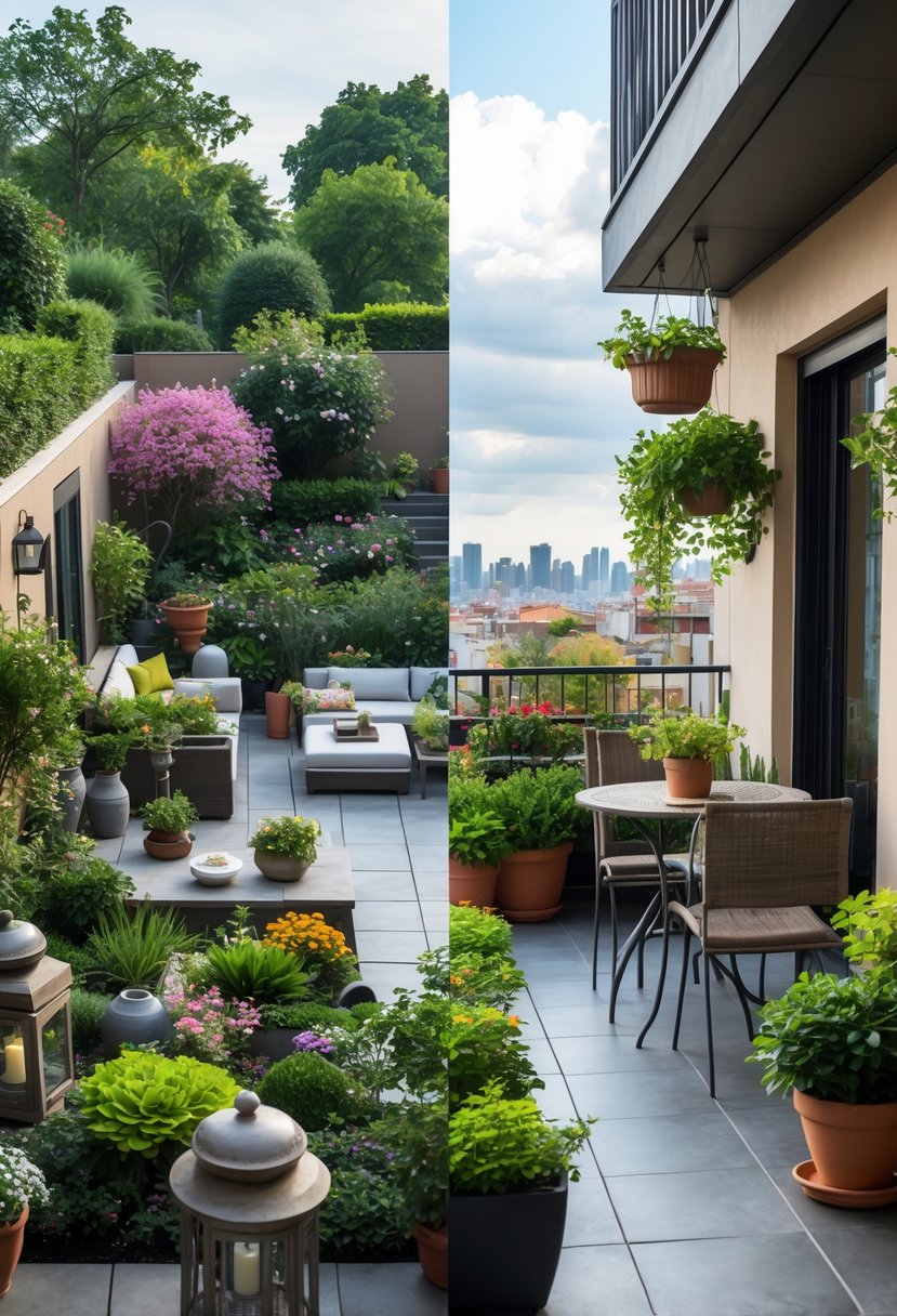 Terrace Garden vs Balcony Garden: Key Differences & Design Tips 2 Side-by-side view of a spacious terrace garden with large plants and seating next to a smaller balcony garden with potted plants and chairs.