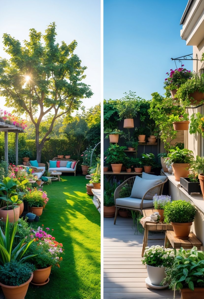 Terrace Garden vs Balcony Garden: Key Differences & Design Tips 3 Side-by-side view of a large terrace garden with many plants and a small balcony garden with compact plants and seating.