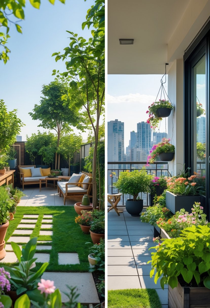 Terrace Garden vs Balcony Garden: Key Differences & Design Tips 4 Split view of a spacious terrace garden with seating and plants beside a smaller balcony garden filled with flowering plants and hanging pots overlooking a city.