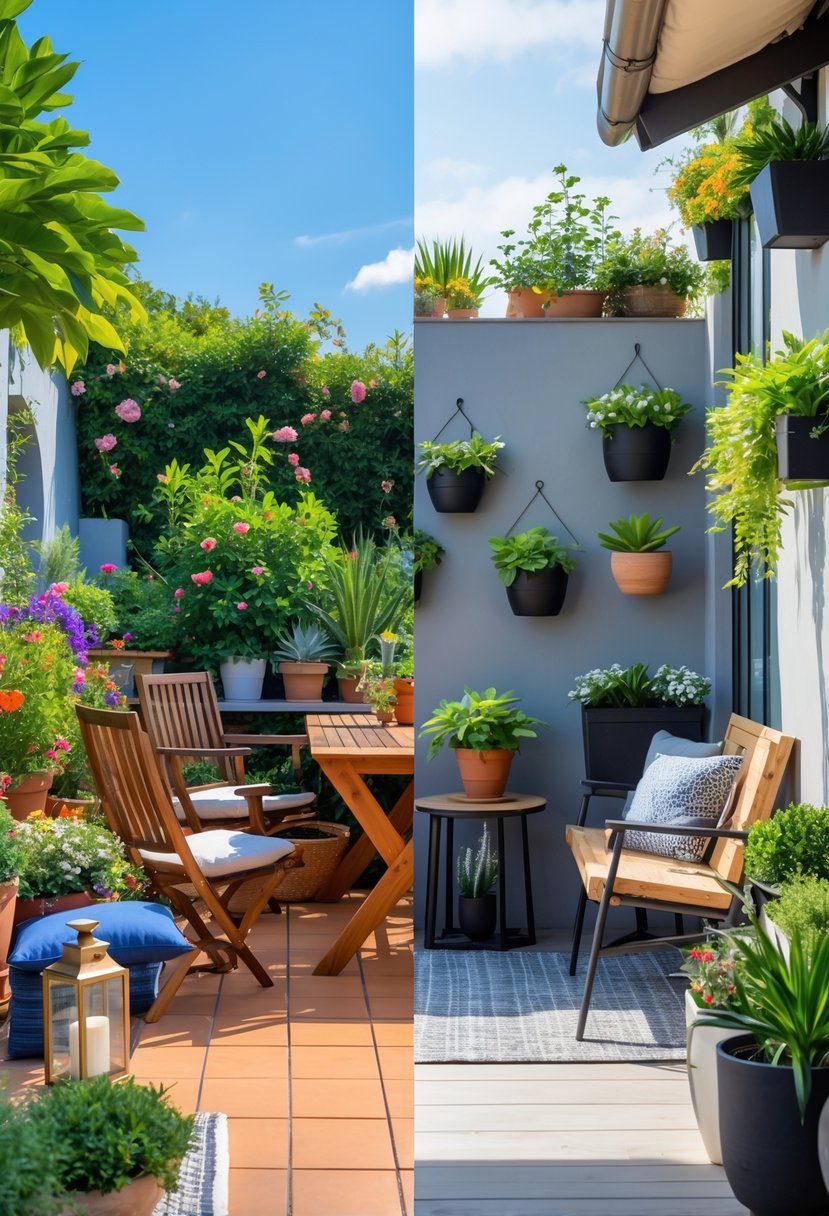 Terrace Garden vs Balcony Garden: Key Differences & Design Tips 5 A side-by-side view of a spacious terrace garden with outdoor furniture and a compact balcony garden with hanging plants and seating.