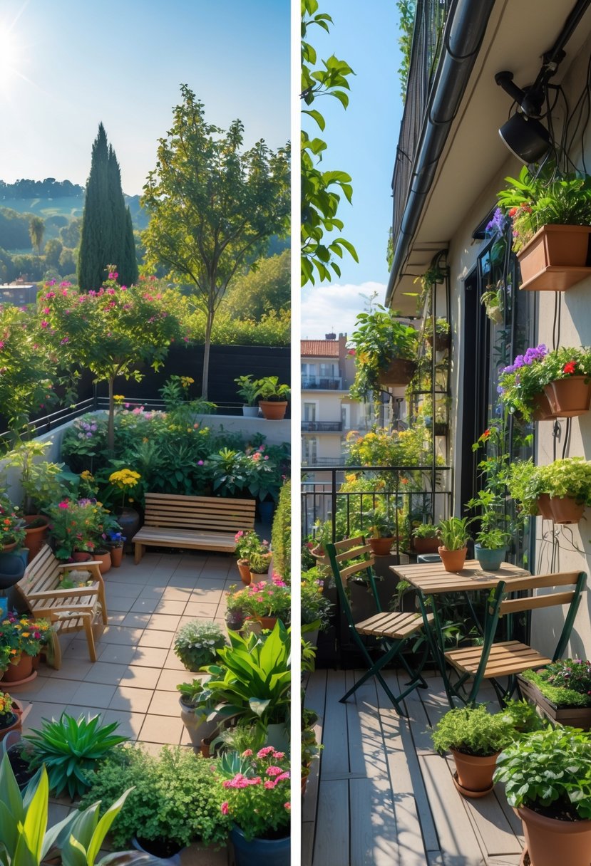 Terrace Garden vs Balcony Garden: Key Differences & Design Tips 7 Side-by-side view of a spacious terrace garden with lush plants and seating next to a smaller balcony garden with potted plants and outdoor furniture.