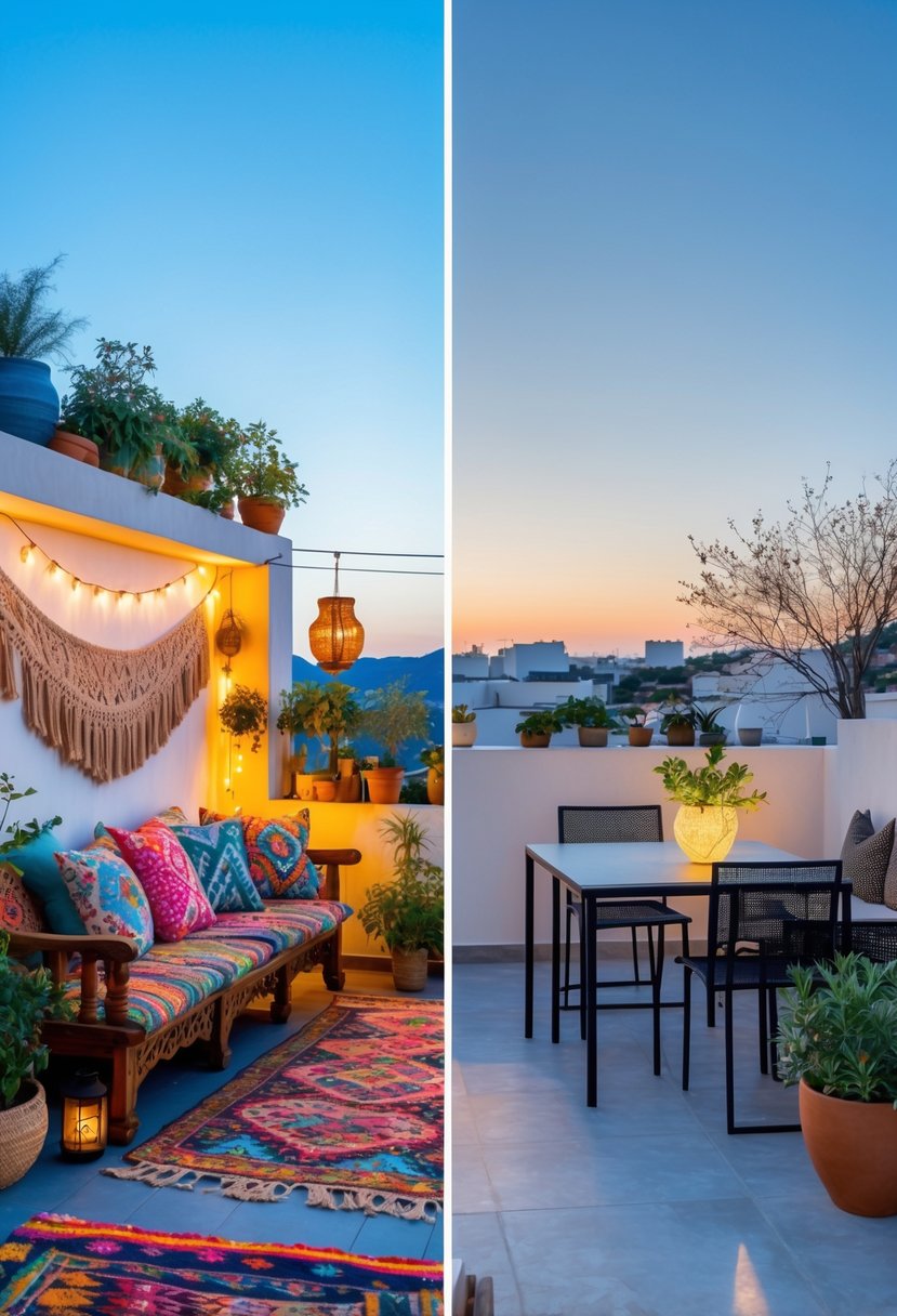Two adjacent outdoor terraces side by side, one filled with colorful cushions and plants, the other with simple furniture and minimal decor.