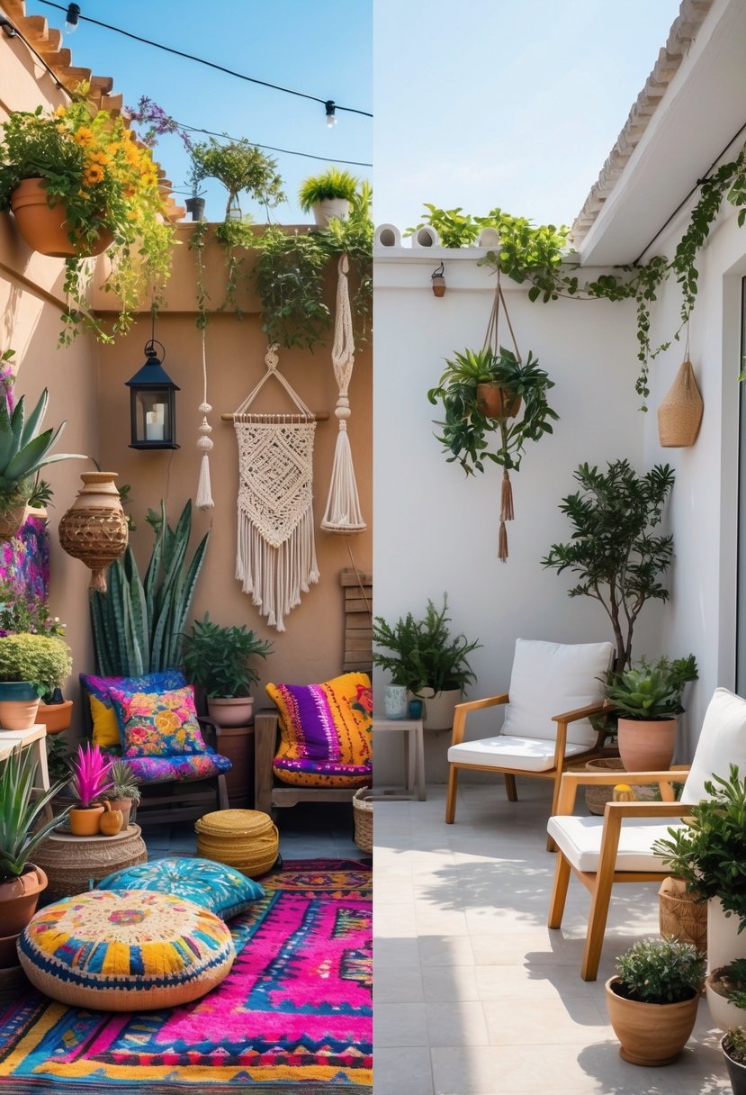 A split outdoor terrace with one side featuring colorful cushions, plants, and rustic furniture, and the other side showing simple modern furniture with a few plants and clean surfaces.