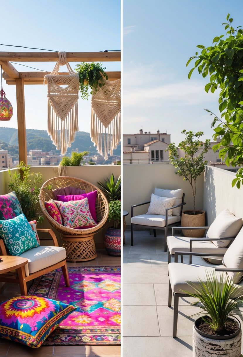 A split view of two outdoor terraces side by side, one filled with colorful furniture and plants, the other with simple, clean furniture and minimal decor.