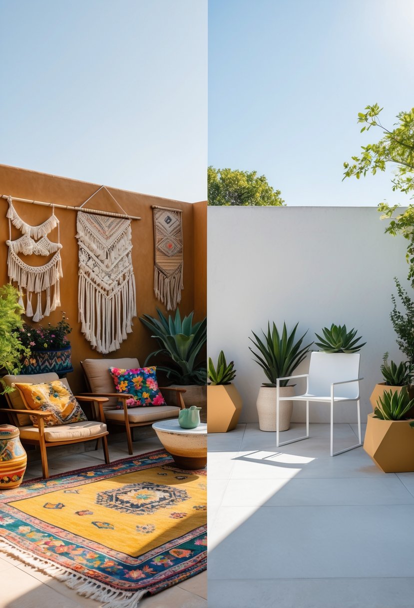 Two adjacent outdoor terraces, one filled with colorful plants and patterned cushions, the other with simple furniture and neutral tones.