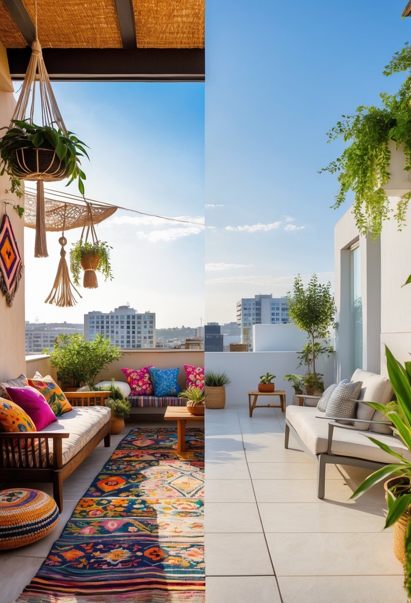 An outdoor terrace divided into two sections, one filled with colorful cushions and plants, the other with simple modern furniture and minimal decor.
