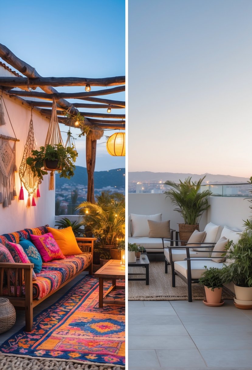 A split image of two terraces: one with colorful cushions and plants, the other with simple furniture and minimal decor.