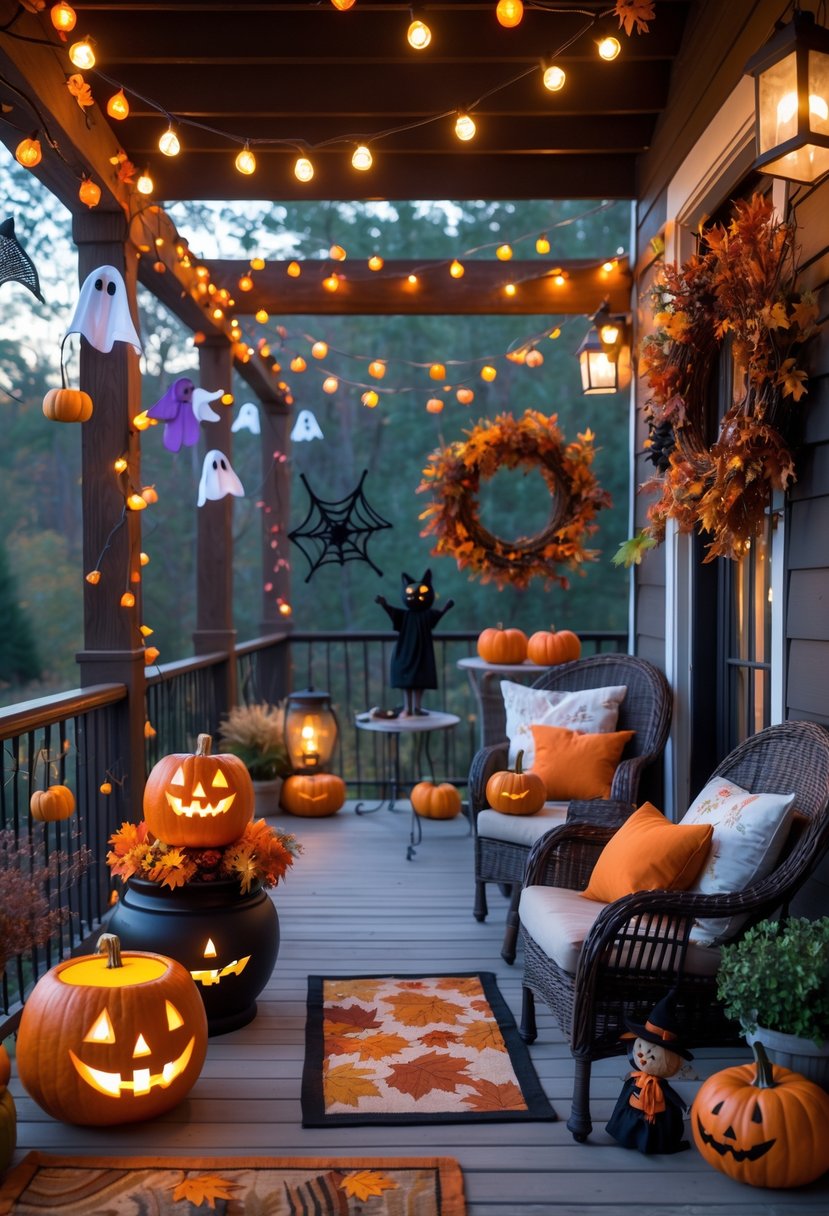 An outdoor patio decorated with pumpkins, string lights, ghost and bat ornaments, lanterns, spider webs, and autumn-themed decor creating a festive Halloween scene.