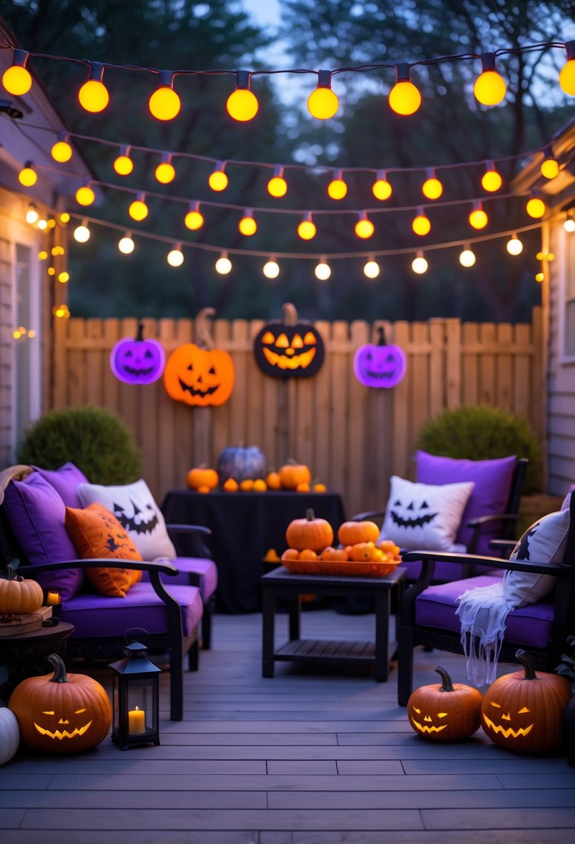 Outdoor patio decorated with orange and purple string lights and Halloween-themed decorations including pumpkins and cobwebs.