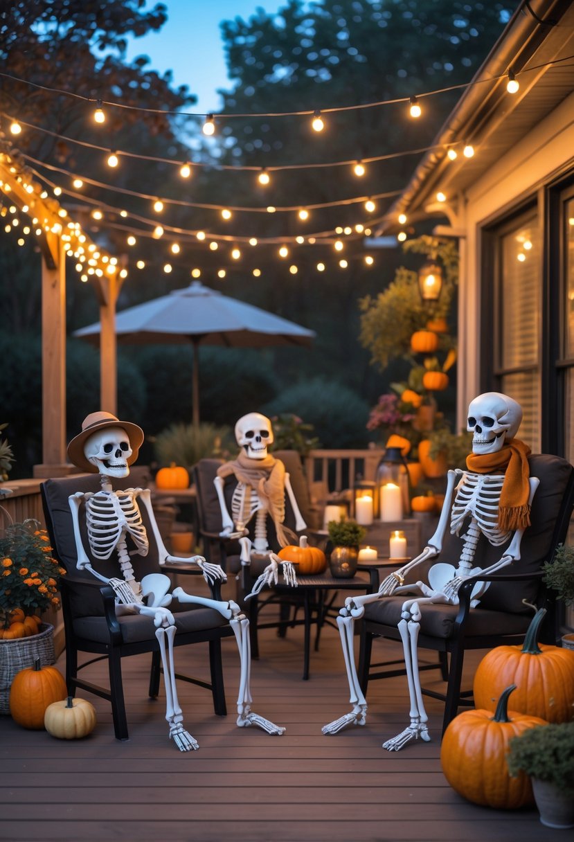 A patio decorated with multiple skeletons seated on chairs and benches surrounded by pumpkins, string lights, and fall decorations.