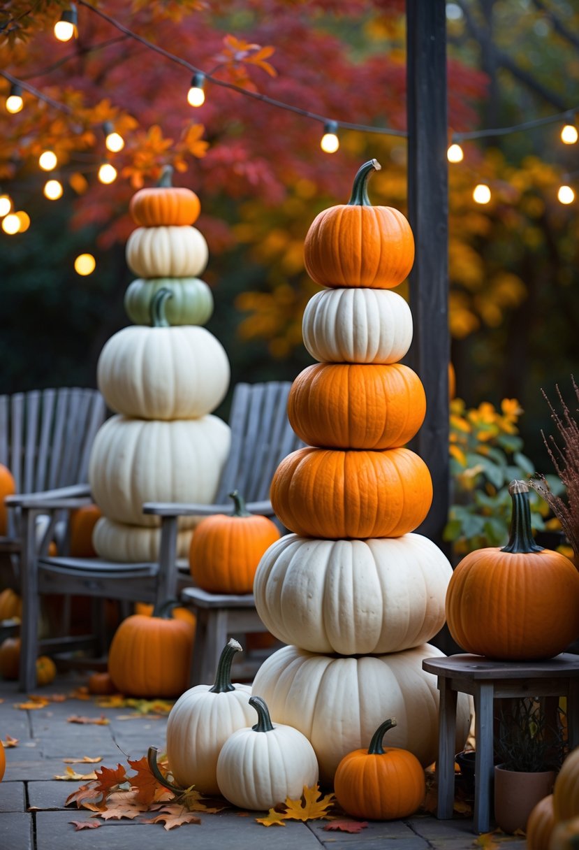 Stacked pumpkin topiaries arranged on a patio decorated for Halloween with autumn leaves and warm lighting.