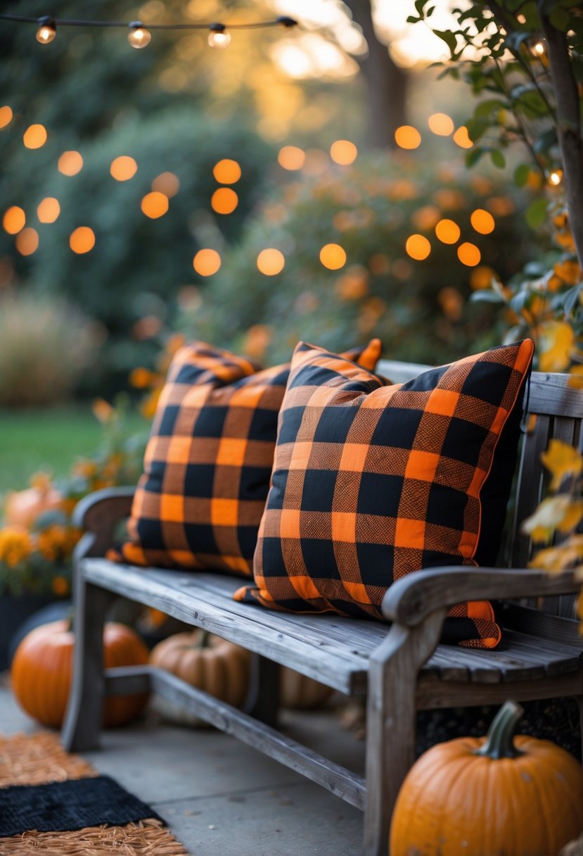 Outdoor patio with black and orange plaid throw pillows on a wooden bench surrounded by pumpkins and autumn decorations.