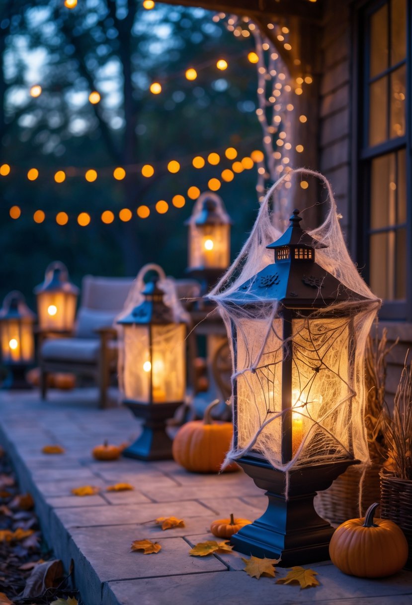 Outdoor patio at twilight with vintage lanterns covered in cobwebs glowing warmly, surrounded by autumn leaves and Halloween decorations.