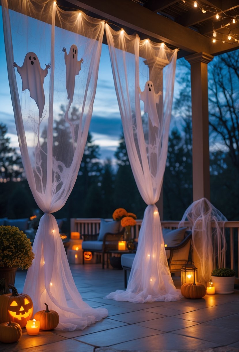 Outdoor patio decorated for Halloween with sheer ghostly curtains, pumpkins, candles, and soft lighting at twilight.