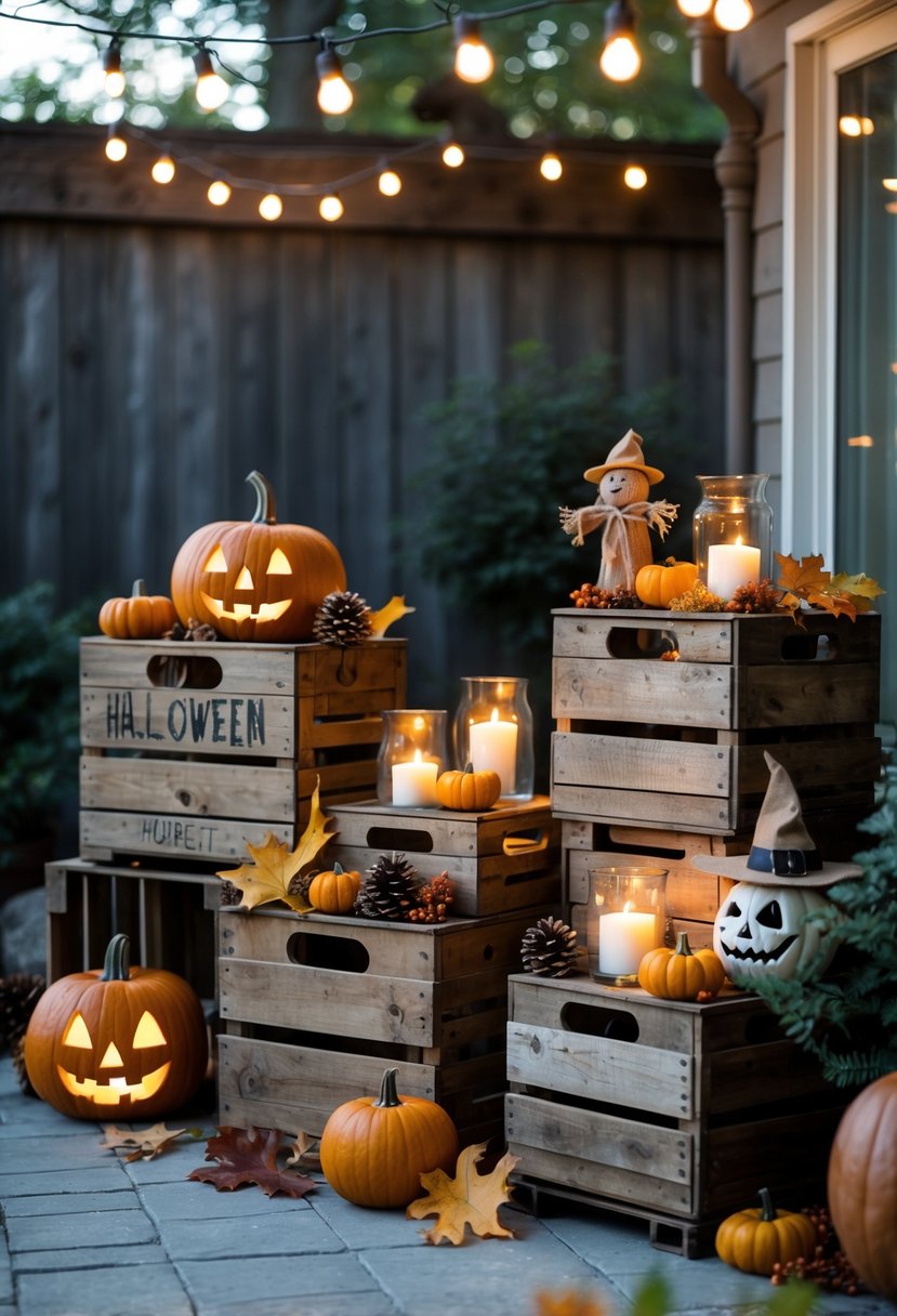 Outdoor patio decorated with vintage wooden crates filled with pumpkins, candles, and autumn leaves for Halloween.