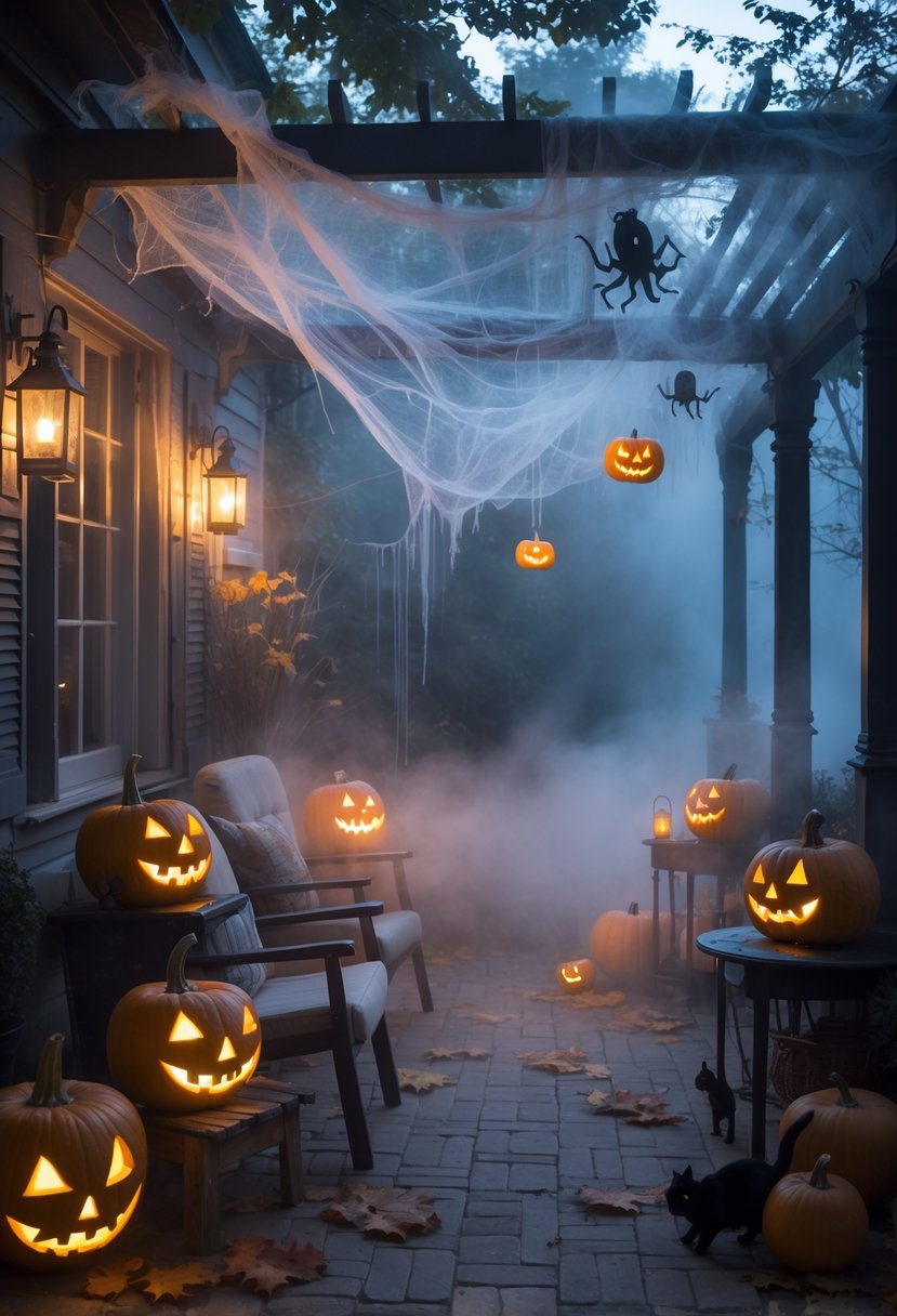 Outdoor patio decorated with Halloween pumpkins, cobwebs, lanterns, and fog creating an eerie atmosphere.
