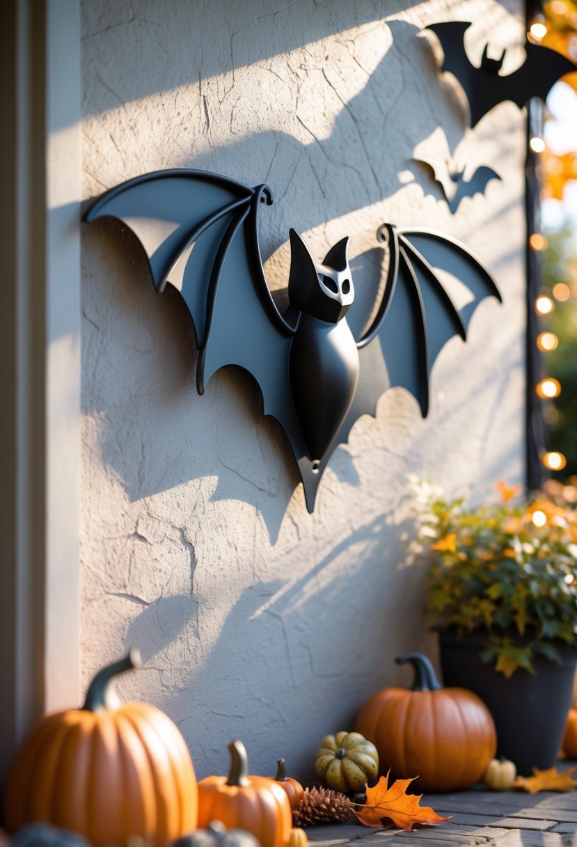 A bat-shaped metal wall decoration hanging on an outdoor patio wall surrounded by pumpkins, autumn leaves, and string lights.