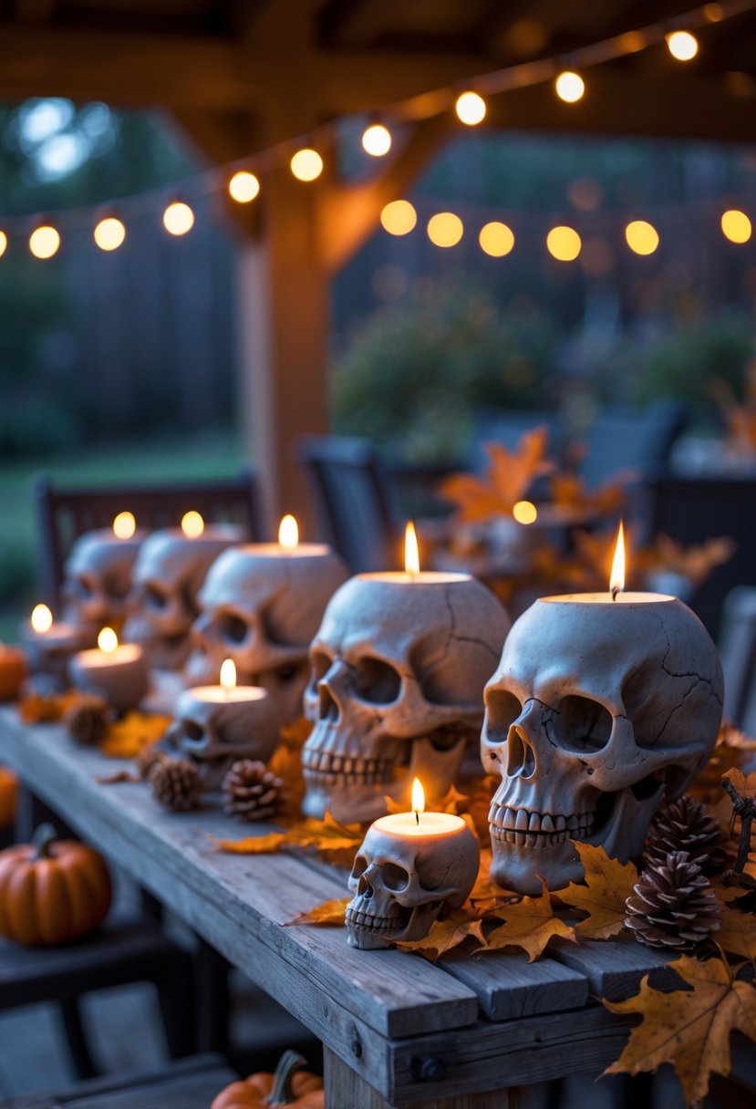 Skull-shaped candle holders with lit candles arranged on a wooden patio table surrounded by autumn leaves and small pumpkins, with string lights in the background.
