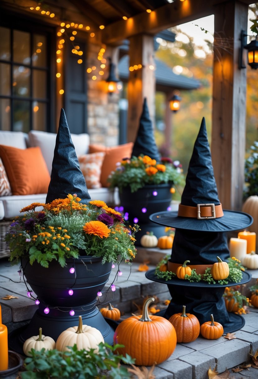 A patio decorated with witch hats used as planters filled with flowers and pumpkins, surrounded by Halloween decorations.